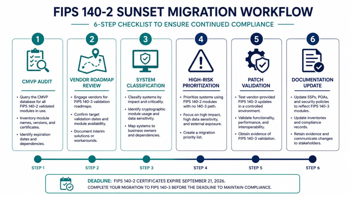 Fips 140-2 Sunset September 2026: What Every Organization Must Do Before The Deadline 4 Fips 140-2 sunset migration checklist — six-step workflow for organizations to complete cryptographic module transition before the september 21, 2026 compliance deadline.