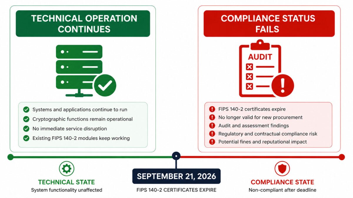 Fips 140-2 Sunset September 2026: What Every Organization Must Do Before The Deadline 5 Fips 140-2 sunset risk diagram — showing that while technical operation continues after the deadline, compliance status shifts immediately to historical, creating audit exposure.