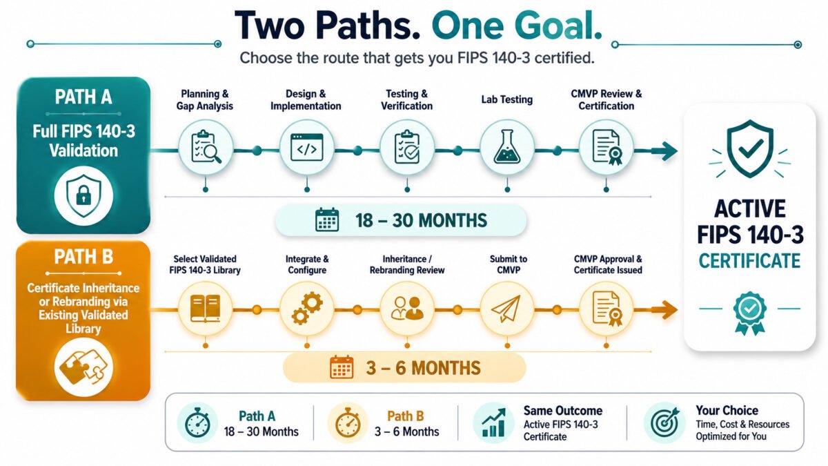 Fips 140-2 Sunset September 2026: What Every Organization Must Do Before The Deadline 7 Fips 140-2 sunset timeline paths — comparing the 18-30 month full fips 140-3 validation route with the accelerated 3-6 month certificate inheritance pathway for eligible vendors.