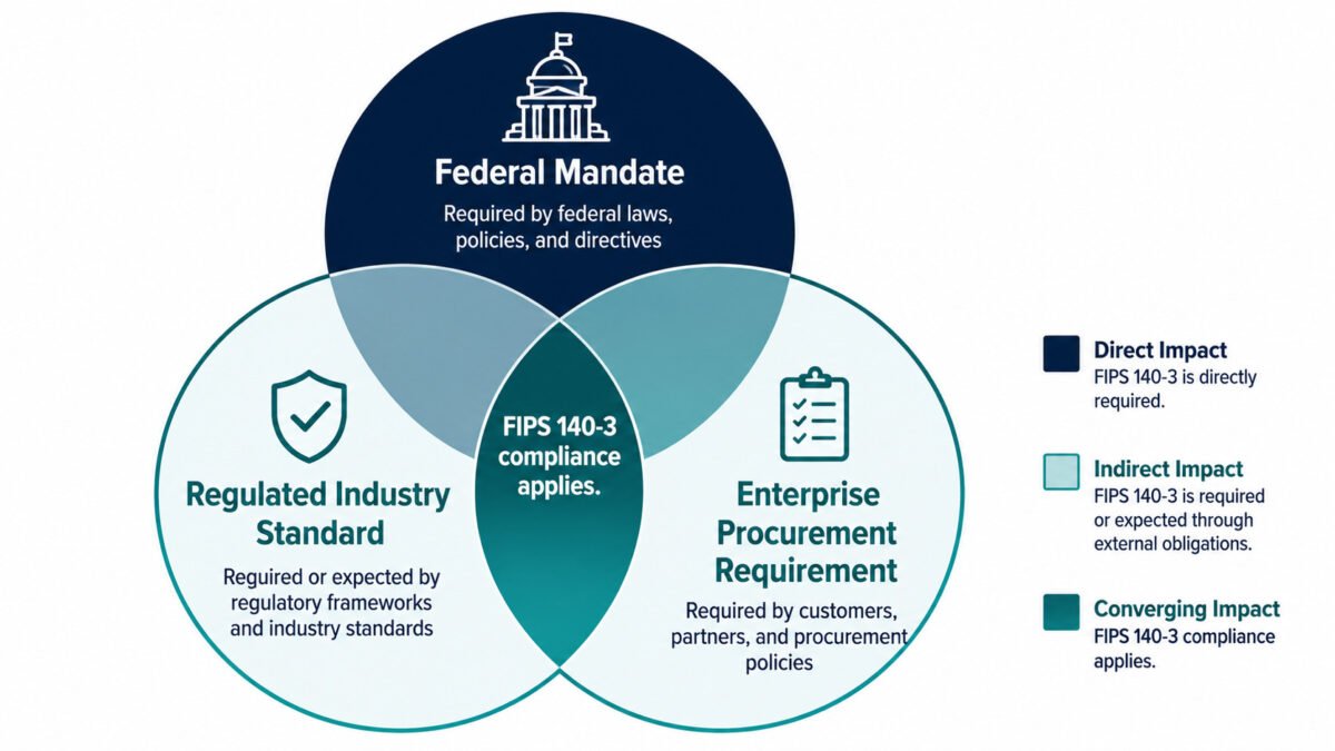 Fips 140-2 Sunset September 2026: What Every Organization Must Do Before The Deadline 8 Fips 140-2 sunset applicability diagram — venn diagram showing that while the mandate applies directly to federal systems, the fips 140-3 compliance obligation extends through regulated industries and enterprise procurement requirements.