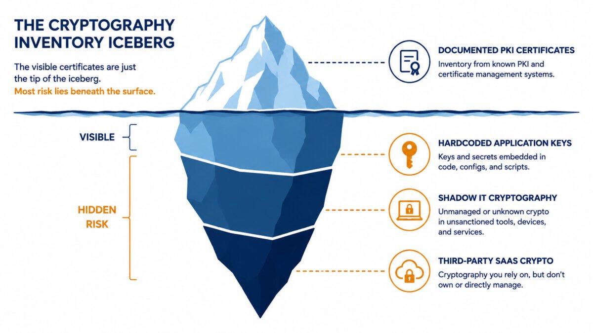 Cryptographic inventory 2026 visibility diagram — iceberg showing that documented pki represents only the visible portion of enterprise cryptographic assets.