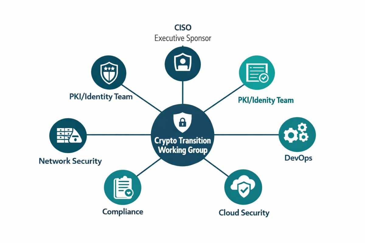 Cryptographic inventory 2026 governance diagram — crypto transition working group structure with ciso sponsorship and cross-functional team spokes.
