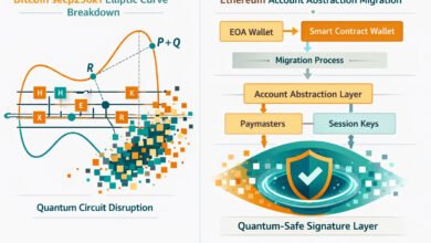 Pqc for blockchain 2026 — split infographic showing the secp256k1 quantum vulnerability in bitcoin alongside ethereum's account abstraction migration path to post-quantum signatures.