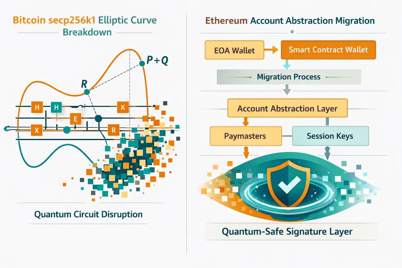 Pqc For Blockchain 2026: How Bitcoin And Ethereum Are Preparing For Quantum Threats 1 Pqc for blockchain 2026 — split infographic showing the secp256k1 quantum vulnerability in bitcoin alongside ethereum's account abstraction migration path to post-quantum signatures.