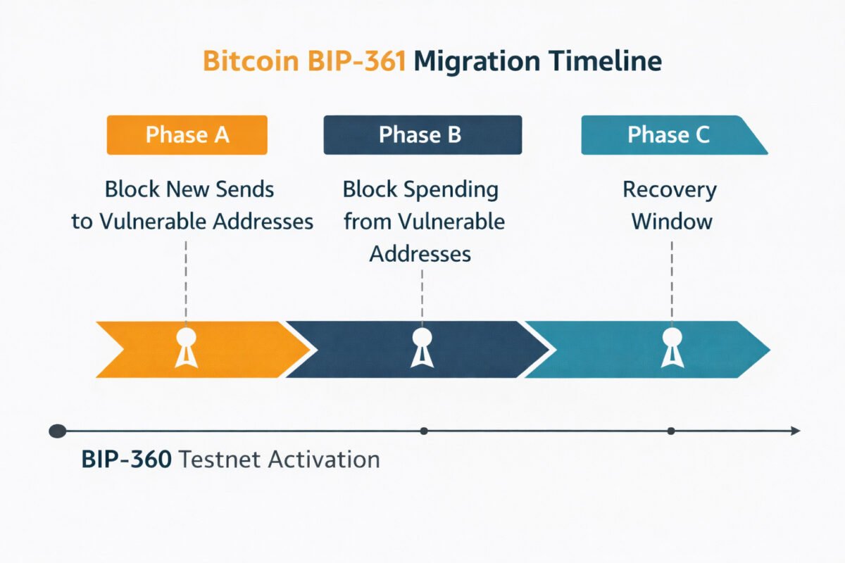 Pqc For Blockchain 2026: How Bitcoin And Ethereum Are Preparing For Quantum Threats 2 Pqc for blockchain 2026 bitcoin migration — bip-361 three-phase timeline showing phase a address blocking, phase b spend blocking, and phase c recovery window relative to bip-360 testnet activation.