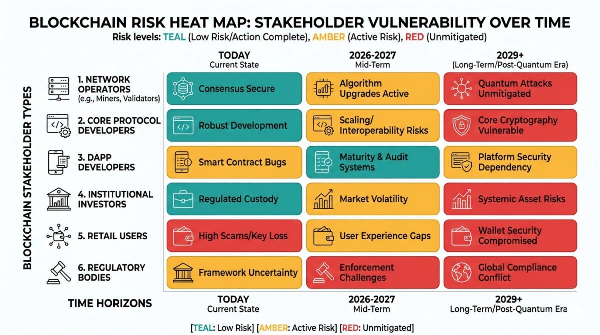 Pqc For Blockchain 2026: How Bitcoin And Ethereum Are Preparing For Quantum Threats 4 Pqc for blockchain 2026 risk heat map — stakeholder quantum exposure grid showing risk levels across individual holders, custodians, validators, smart contract developers, defi operators, and application developers across three time horizons.