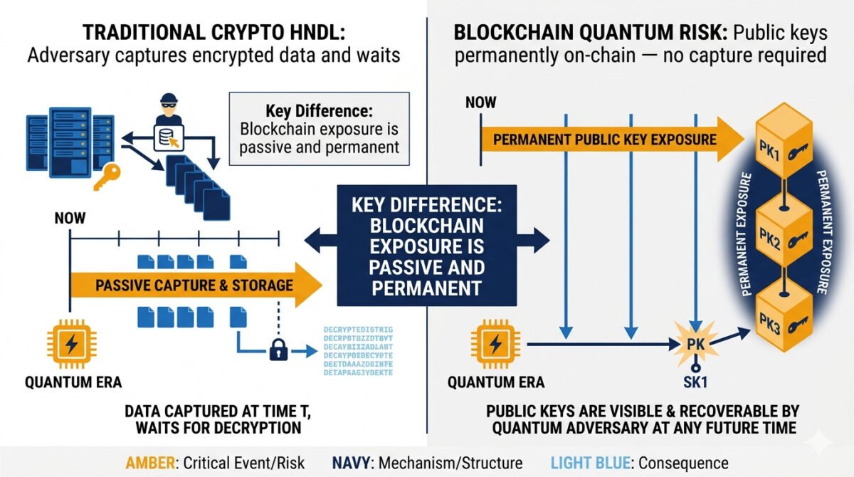 Pqc For Blockchain 2026: How Bitcoin And Ethereum Are Preparing For Quantum Threats 5 Pqc for blockchain 2026 exposure comparison — contrasting traditional harvest-now-decrypt-later attacks with the blockchain-specific risk of permanently exposed public keys on a public ledger.