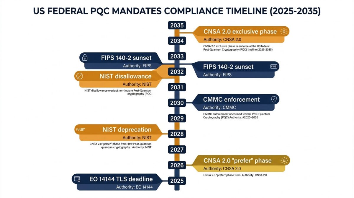 Pqc Regulatory Compliance 2026: What Nist, Eu, And G7 Mandates Mean For Your Organization 2 Pqc regulatory compliance 2026 us federal timeline — vertical compliance calendar showing cnsa 2. 0, cmmc, fips 140-2 sunset, nist ir 8547, and executive order 14144 milestone dates from 2025 to 2035.