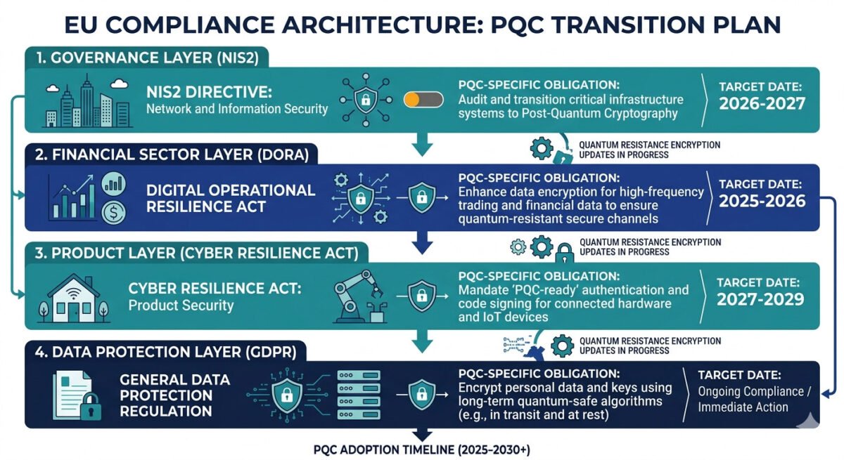 Pqc Regulatory Compliance 2026: What Nist, Eu, And G7 Mandates Mean For Your Organization 3 Pqc regulatory compliance 2026 eu framework — layered compliance architecture diagram showing nis2, dora, cyber resilience act, and gdpr post-quantum obligations and target dates.