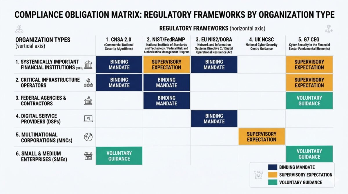Pqc Regulatory Compliance 2026: What Nist, Eu, And G7 Mandates Mean For Your Organization 4 Pqc regulatory compliance 2026 obligation matrix — organization type by regulatory framework grid showing binding mandates, supervisory expectations, and voluntary guidance across cnsa 2. 0, nist, eu nis2 dora, uk ncsc, and g7 ceg.