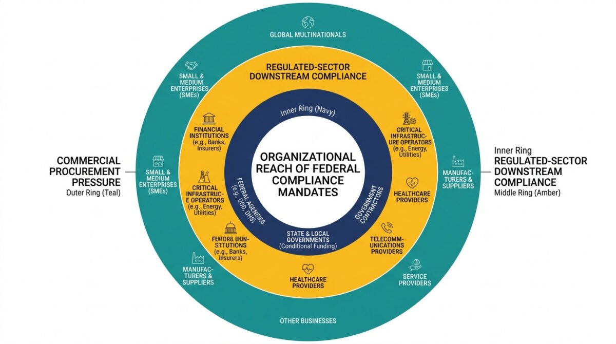 Pqc Regulatory Compliance 2026: What Nist, Eu, And G7 Mandates Mean For Your Organization 5 Pqc regulatory compliance 2026 scope diagram — concentric rings showing direct federal mandate scope in the inner ring, regulated-sector downstream obligations in the middle, and commercial procurement pressure in the outer ring.