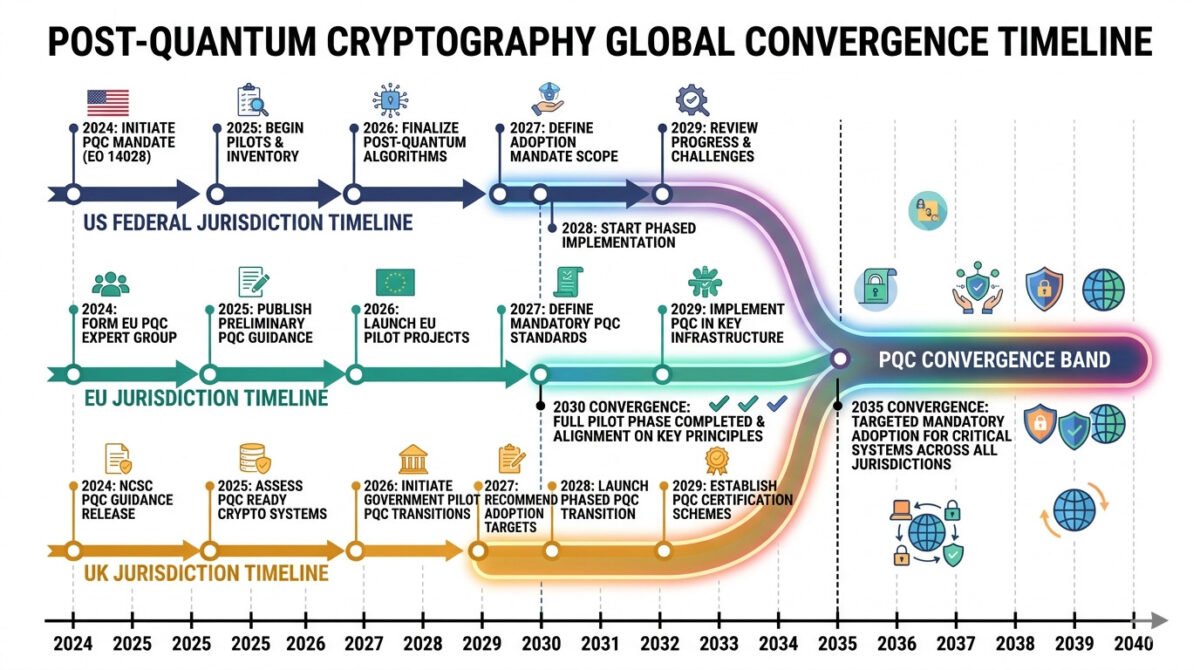 Pqc Regulatory Compliance 2026: What Nist, Eu, And G7 Mandates Mean For Your Organization 6 Pqc regulatory compliance 2026 jurisdiction convergence — three-track timeline diagram showing us federal, eu, and uk post-quantum compliance milestones converging at the 2030 critical systems and 2035 full migration deadlines.