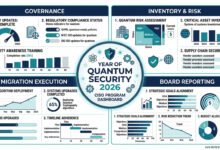 Year of quantum security 2026 ciso program dashboard — four-quadrant infographic showing governance, inventory and risk, migration execution, and board reporting components of a complete quantum security action plan.