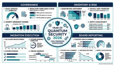 Year of quantum security 2026 ciso program dashboard — four-quadrant infographic showing governance, inventory and risk, migration execution, and board reporting components of a complete quantum security action plan.