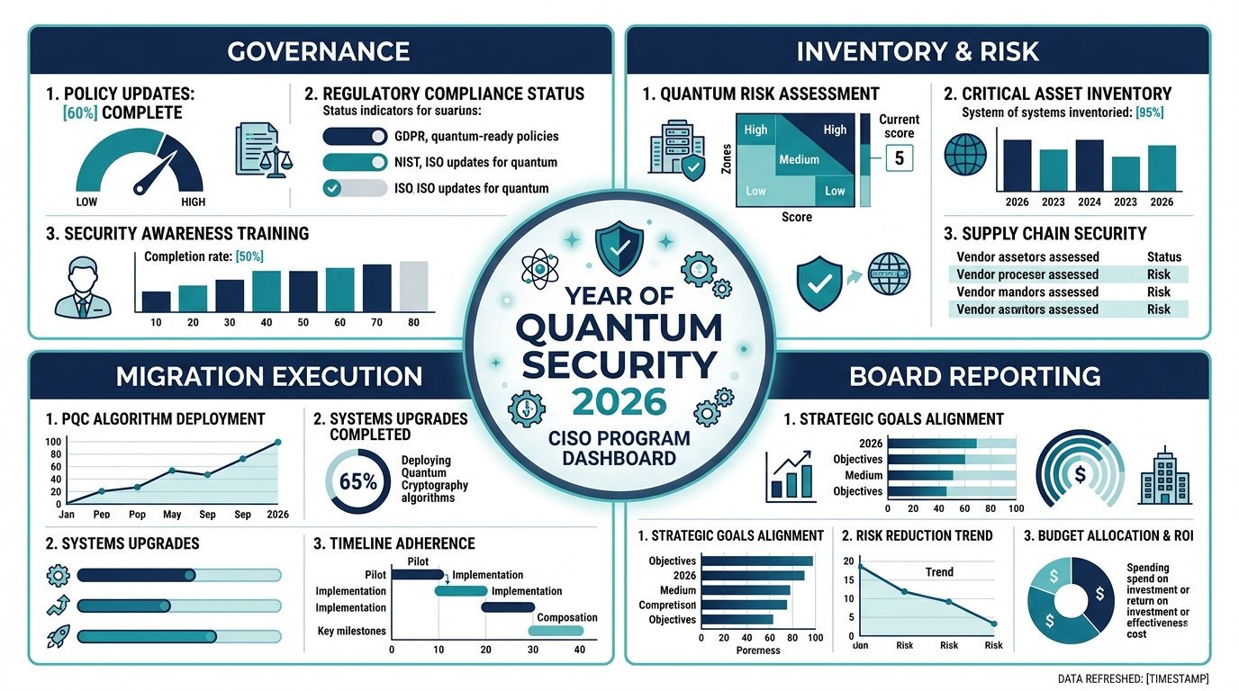 Year Of Quantum Security 2026: The Complete Action Plan For Cisos 1 Year of quantum security 2026 ciso program dashboard — four-quadrant infographic showing governance, inventory and risk, migration execution, and board reporting components of a complete quantum security action plan.