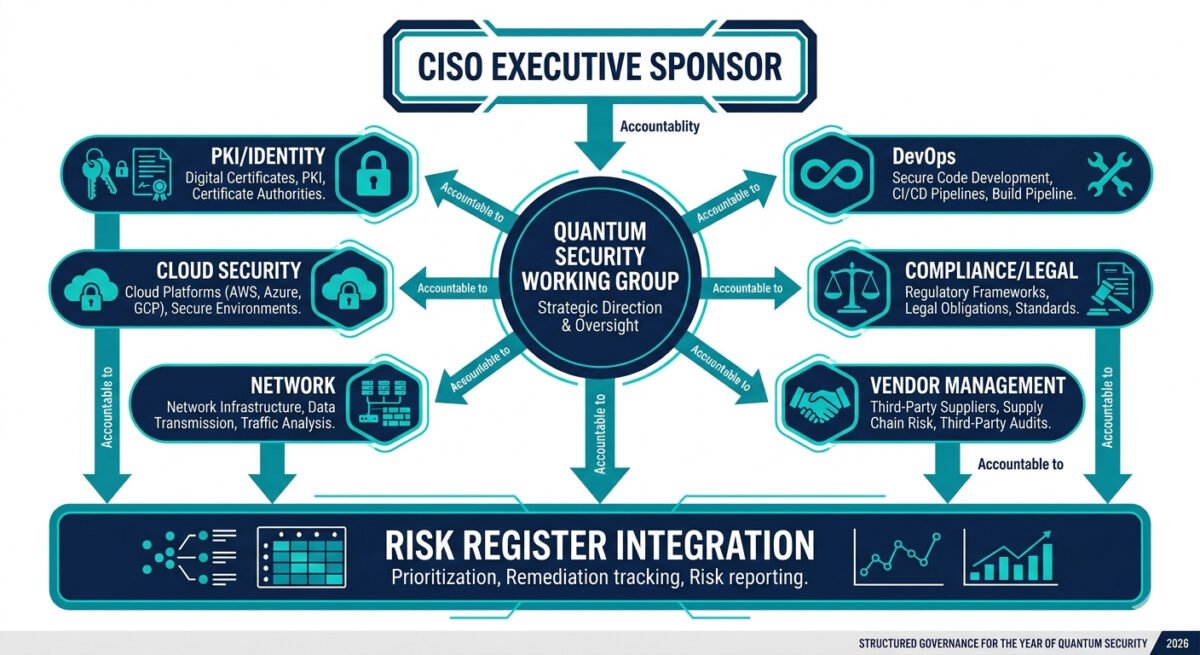 Year Of Quantum Security 2026: The Complete Action Plan For Cisos 2 Year of quantum security 2026 governance structure — ciso-led hierarchy diagram showing executive sponsorship, cross-functional working group spokes, and risk register integration for a complete quantum security program.
