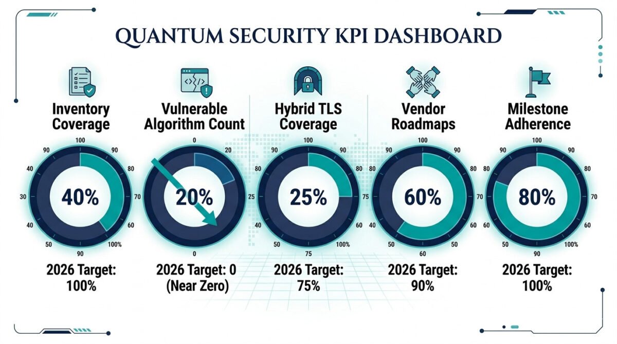 Year Of Quantum Security 2026: The Complete Action Plan For Cisos 3 Year of quantum security 2026 ciso kpi dashboard — five circular progress indicators showing 2026 targets for cryptographic inventory coverage, vulnerable algorithm exposure, hybrid tls deployment, vendor roadmap confirmation, and migration milestone adherence.