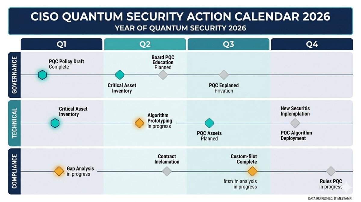 Year Of Quantum Security 2026: The Complete Action Plan For Cisos 4 Year of quantum security 2026 ciso quarterly action calendar — four-quarter timeline with governance, technical, and compliance swim lanes showing sequenced milestones from january through december 2026.