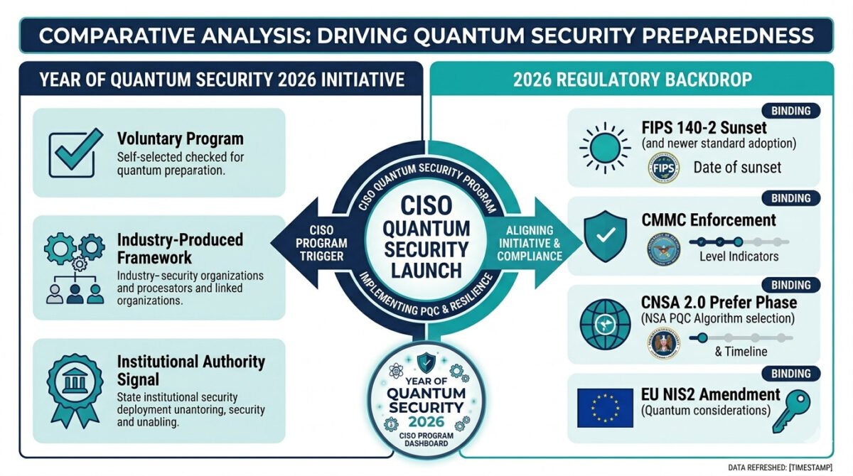 Year Of Quantum Security 2026: The Complete Action Plan For Cisos 5 Year of quantum security 2026 program trigger diagram — comparing the voluntary initiative's institutional authority with the binding 2026 regulatory backdrop, showing how both combine to create a ciso program launch trigger.