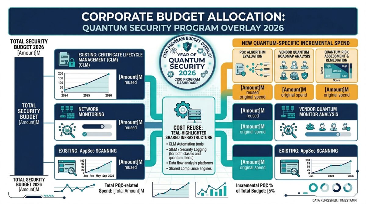 Year Of Quantum Security 2026: The Complete Action Plan For Cisos 6 Year of quantum security 2026 budget analysis — diagram showing quantum security program cost reuse with existing security infrastructure, including certificate lifecycle management, network monitoring, and application security scanning.