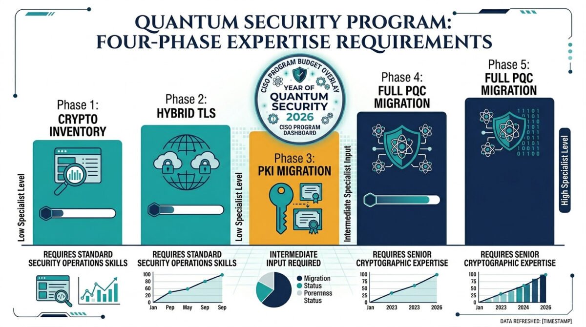 Year Of Quantum Security 2026: The Complete Action Plan For Cisos 7 Year of quantum security 2026 expertise requirements — four-phase chart showing that cryptographic inventory and hybrid tls deployment require standard security operations skills, while pki migration and full pqc execution require progressively higher specialist expertise.