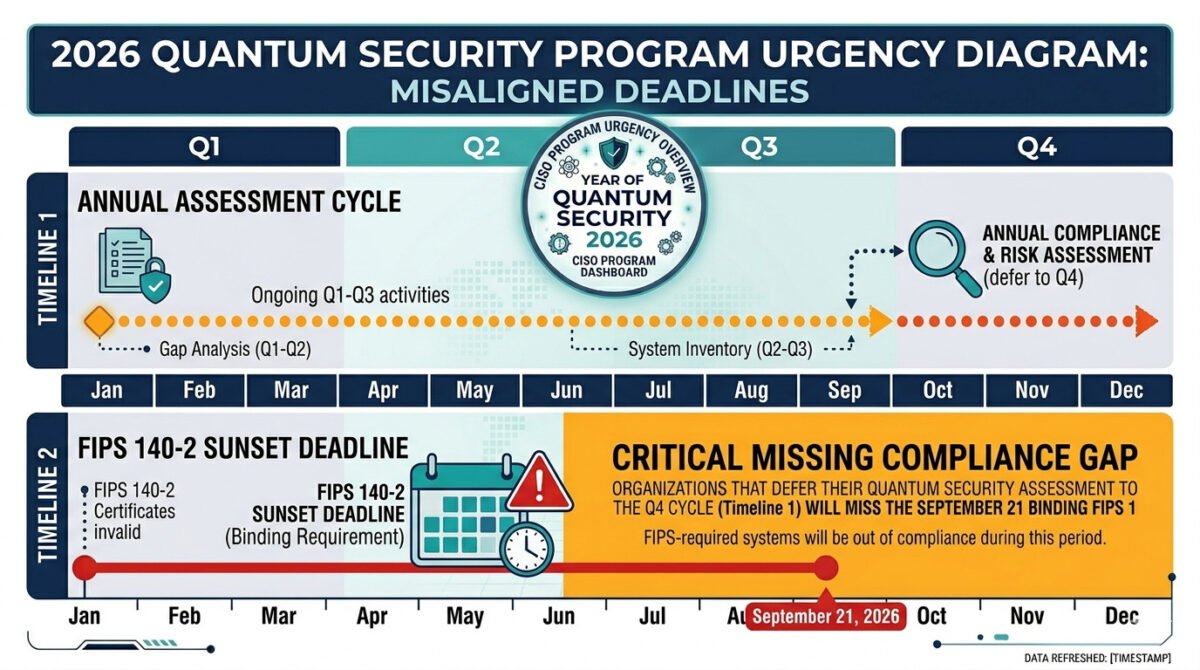 Year Of Quantum Security 2026: The Complete Action Plan For Cisos 8 Year of quantum security 2026 assessment timing gap — calendar diagram showing the fips 140-2 september 21 sunset deadline falling before the typical q4 annual assessment cycle, leaving organizations that defer to assessment with a missed compliance window.