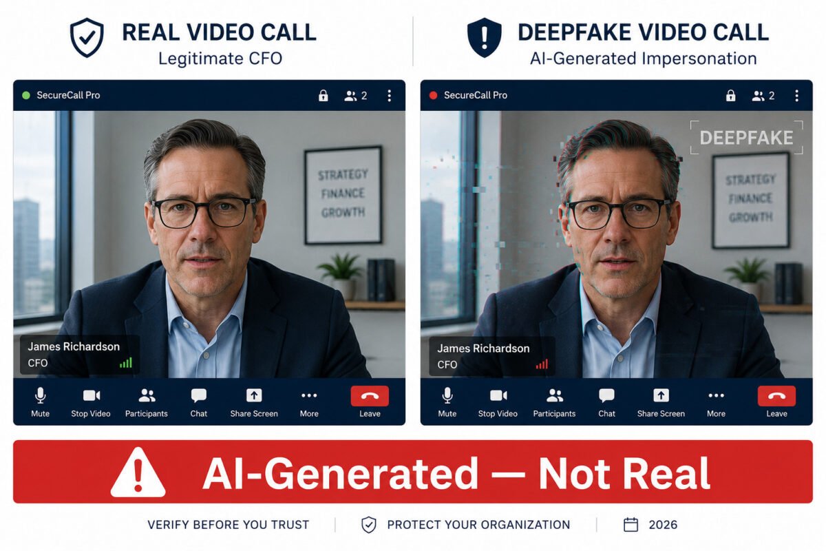 Deepfake fraud comparison showing real vs ai-generated executive video call — illustrating how generative ai achieves near-flawless real-time voice and video synthesis for ceo impersonation attacks in 2026. "
